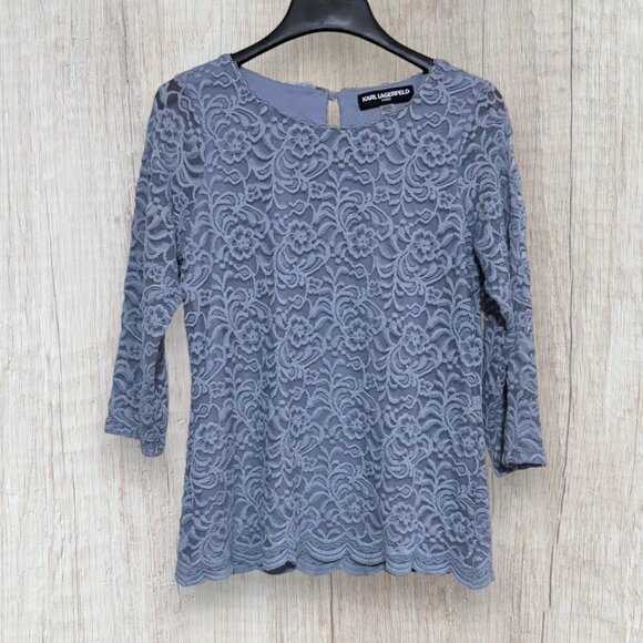 Karl Lagerfeld Paris Blue Gray Lace Blouse 3/4 Sleeve Women’s L Large - Picture 1 of 5
